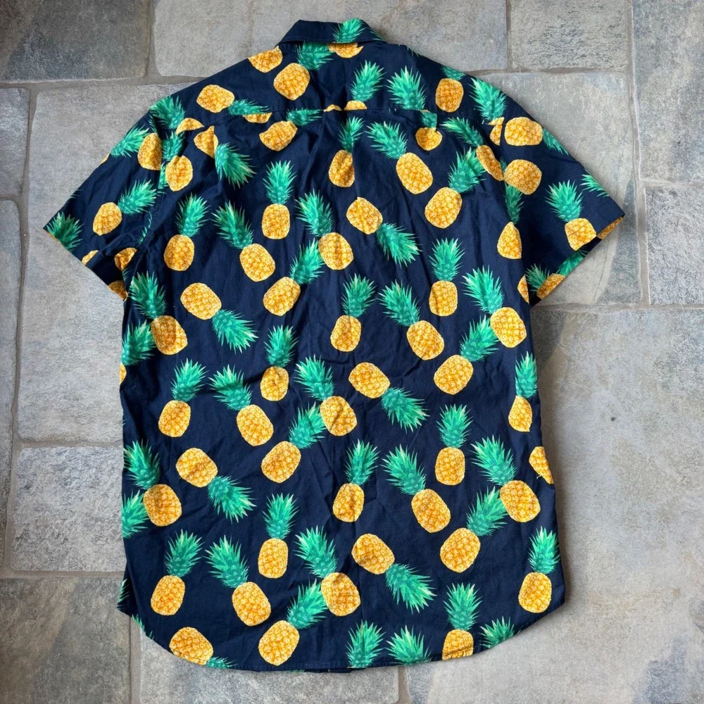 J.Crew Slim Flex Pineapple Print Short Sleeve Shirt Navy Men's‎ M Casual Summer